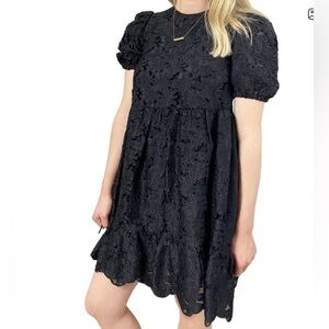 & Other Stories Puff Sleeve Jacquard Black Lace Mini Babydoll Dress